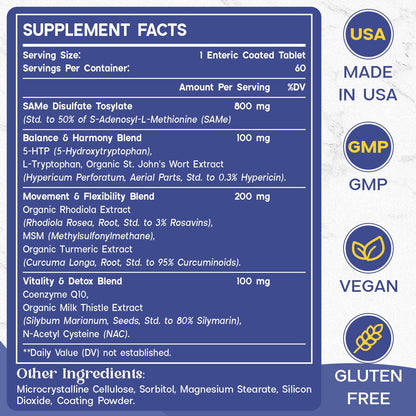 Enerlix 1200mg SAM-e with CoQ10 – Enteric-Coated, Vegan, 120 Tablets