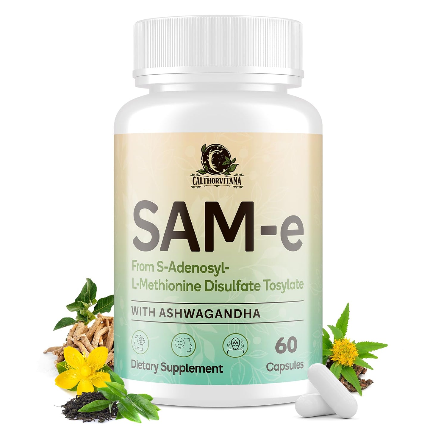 SAM-e Supplement – Capsule Complex with Ashwagandha, L-Theanine, Rhodiola, St. John’s Wort, Omega-3, Magnesium, B Vitamins & D3 (60 Capsules)