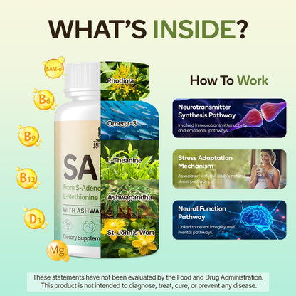 SAM-e Supplement – Capsule Complex with Ashwagandha, L-Theanine, Rhodiola, St. John’s Wort, Omega-3, Magnesium, B Vitamins & D3 (60 Capsules)