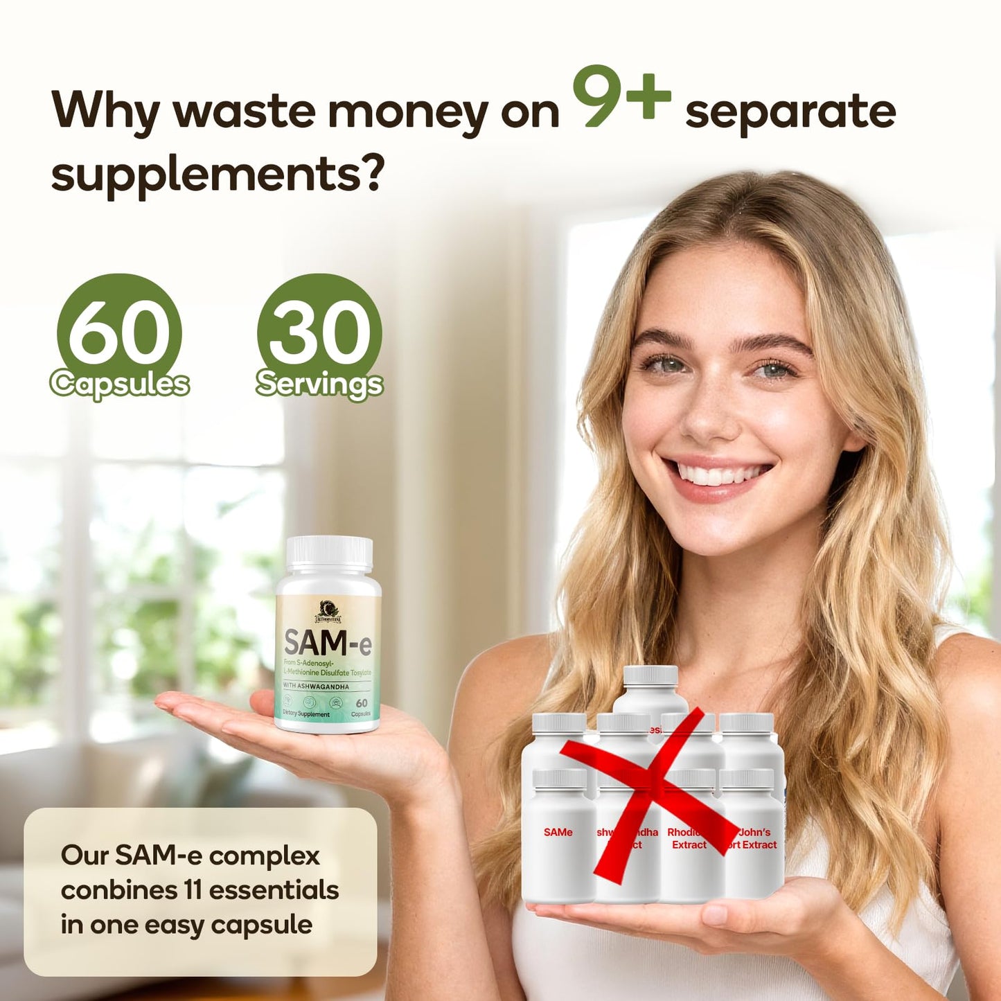 SAM-e Capsule Complex with Ashwagandha, L-Theanine, Rhodiola & St. John’s Wort – 120 Capsules