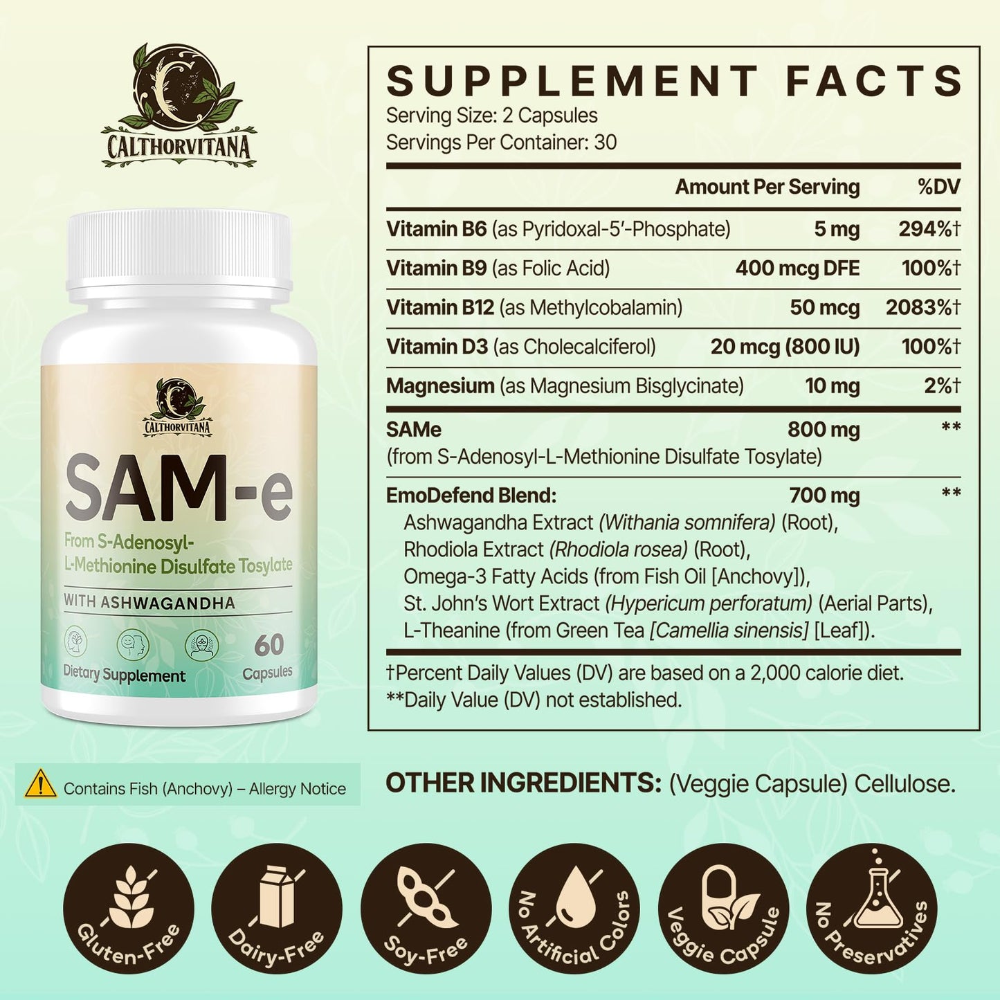 SAM-e Capsule Complex with Ashwagandha, L-Theanine, Rhodiola & St. John’s Wort – 120 Capsules