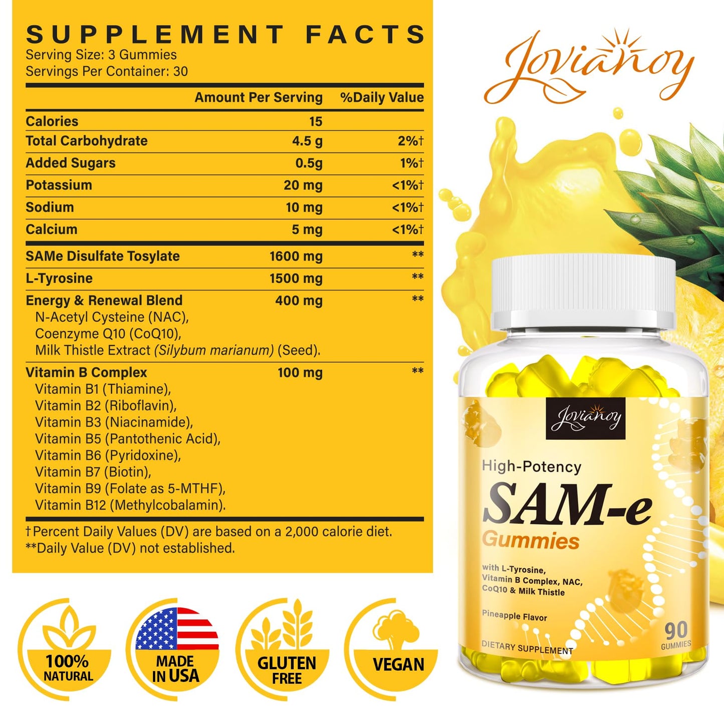 SAM-e Gummies with L-Tyrosine & NAC – Pineapple, 180 Gummies | Vegan