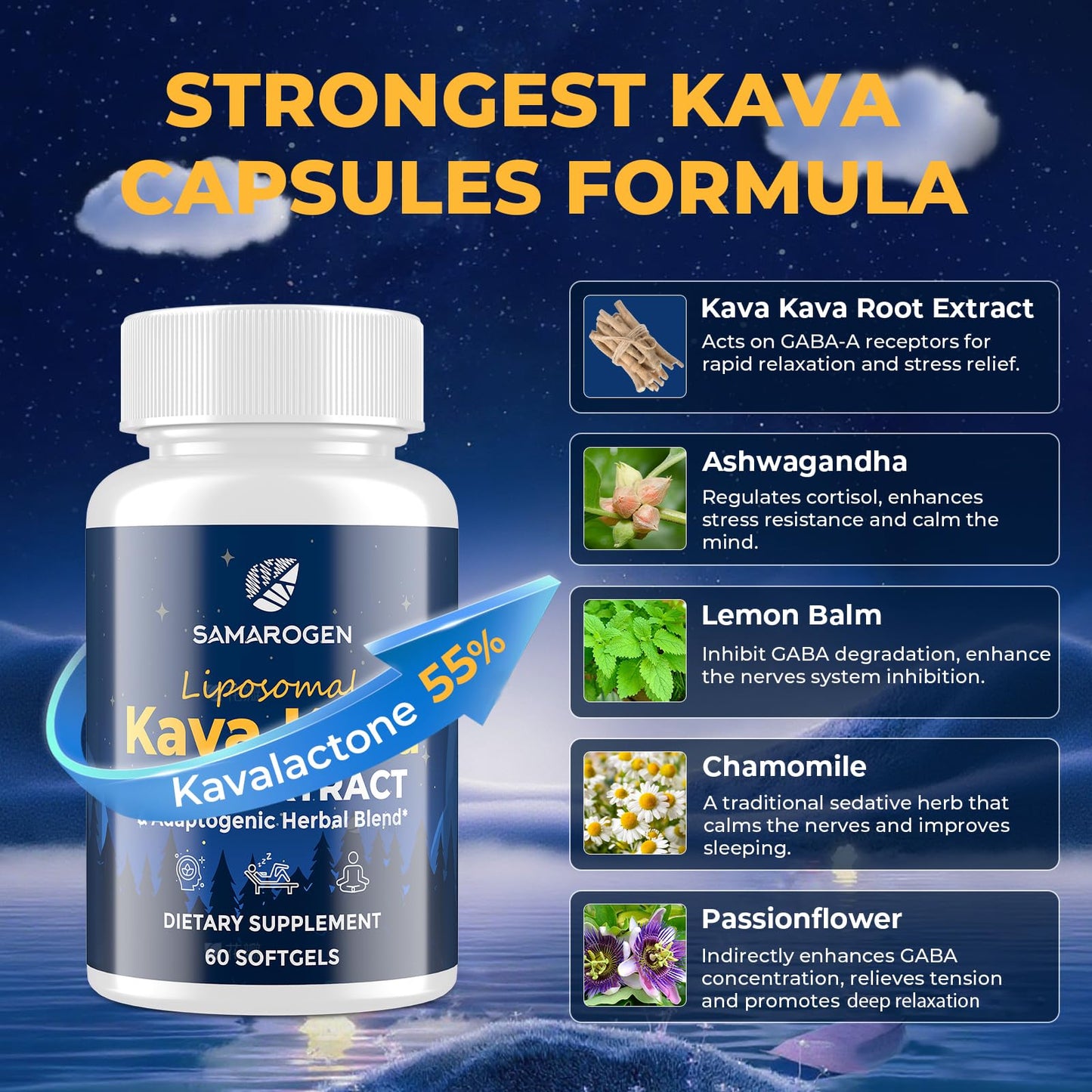 Samarogen Kava Kava Capsules – Liposomal 55% Kavalactones with Ashwagandha, Chamomile, Lemon Balm & Passionflower (60 Softgels)