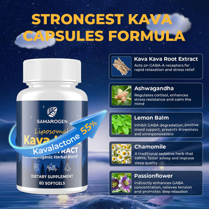 Samarogen Kava Kava Capsules — Liposome 55% Kavalactones with Ashwagandha & Sleep Support (120 Softgels)