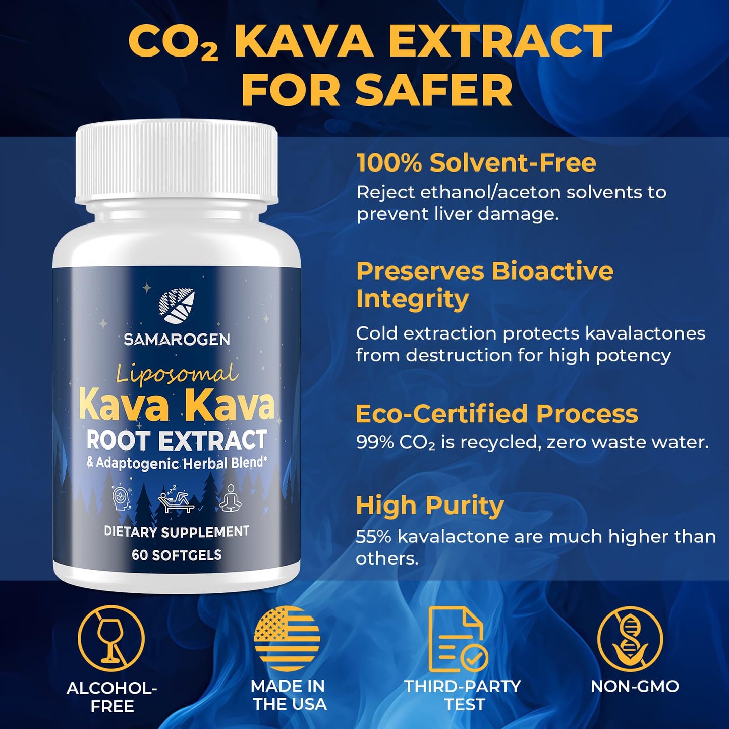 Samarogen Kava Kava Capsules – Liposomal 55% Kavalactones with Ashwagandha, Chamomile, Lemon Balm & Passionflower (60 Softgels)
