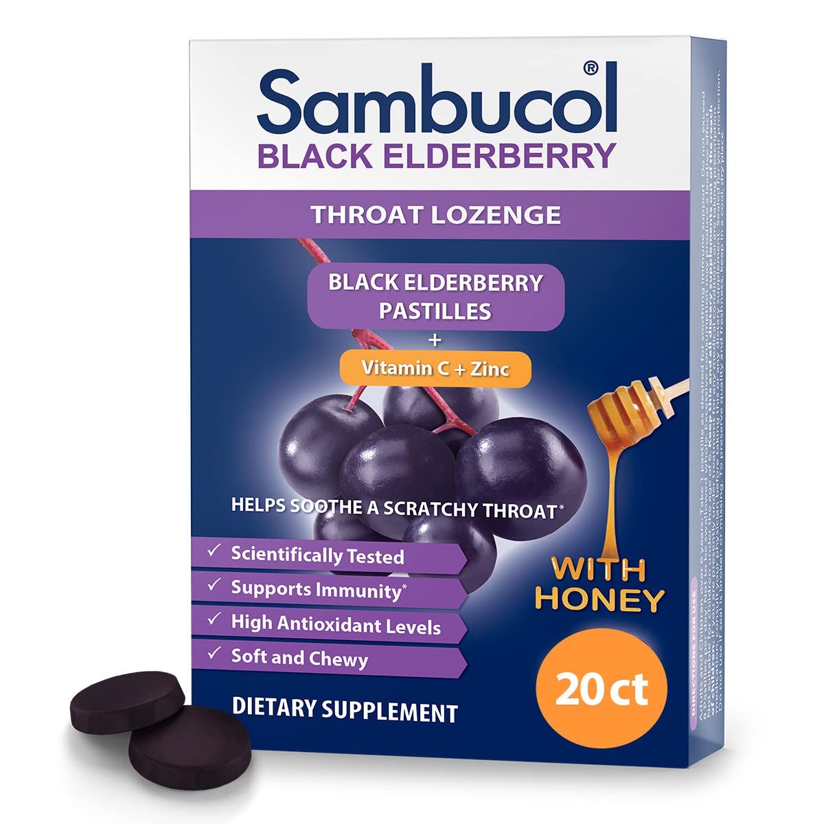 Sambucol Black Elderberry Throat Lozenges - Vitamin C, Zinc & Honey (Gluten-Free) 20 Count