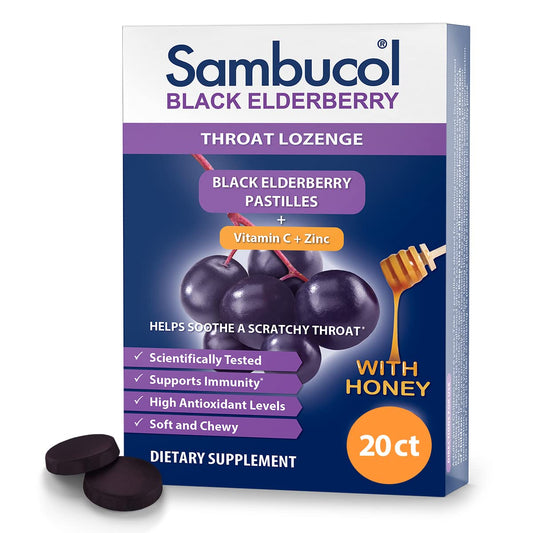 Sambucol Black Elderberry Throat Lozenges - Vitamin C, Zinc & Honey (Gluten-Free) 20 Count BritishVita | Premium UK Vitamins & Wellness Supplements