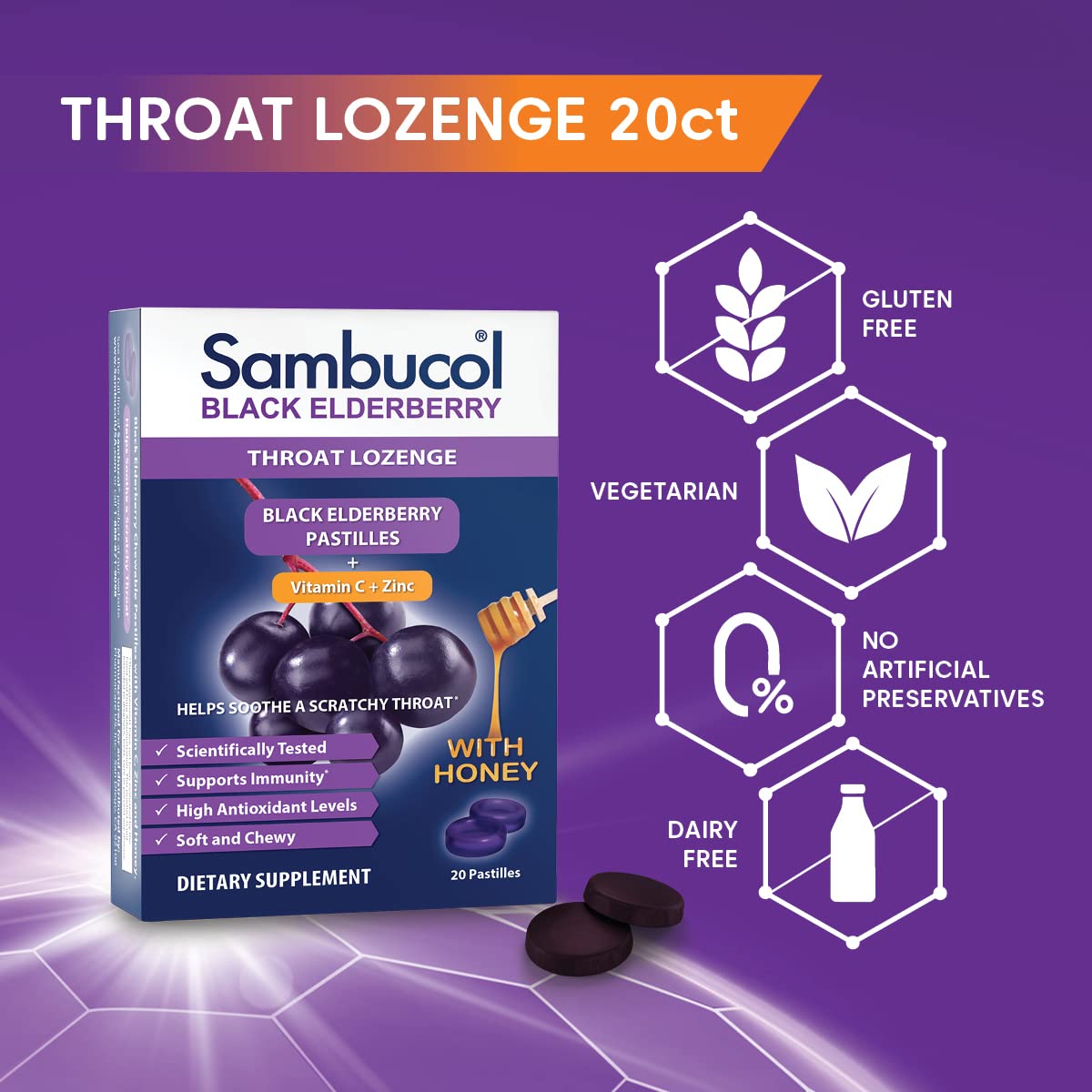 Sambucol Black Elderberry Throat Lozenges - Vitamin C, Zinc & Honey (Gluten-Free) 20 Count