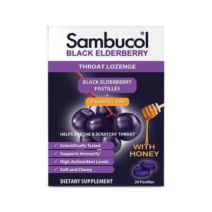 Sambucol Black Elderberry Throat Lozenges - Vitamin C, Zinc & Honey (Gluten-Free) 20 Count