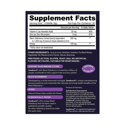 Sambucol Black Elderberry Throat Lozenges - Vitamin C, Zinc & Honey (Gluten-Free) 20 Count