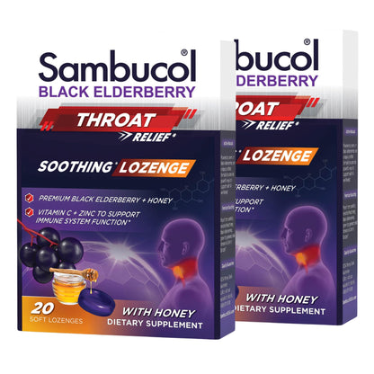 Sambucol Black Elderberry Throat Lozenges with Honey, Vitamin C & Zinc – 20 Count, 2-Pack