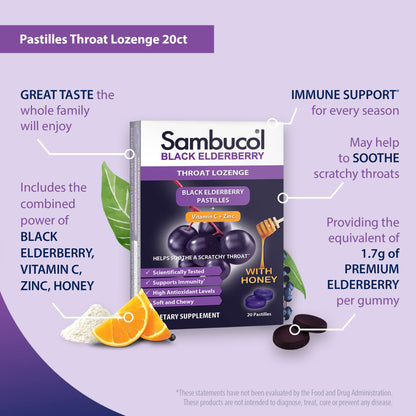 Sambucol Black Elderberry Throat Lozenges with Honey, Vitamin C & Zinc – 20 Count, 2-Pack