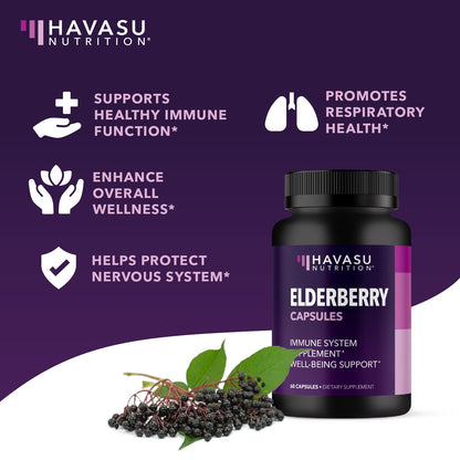 Sambucus Black Elderberry Capsules - Immune Support (400mg) - 60 Count - Vegetarian-Friendly, Non-GMO, Unflavored