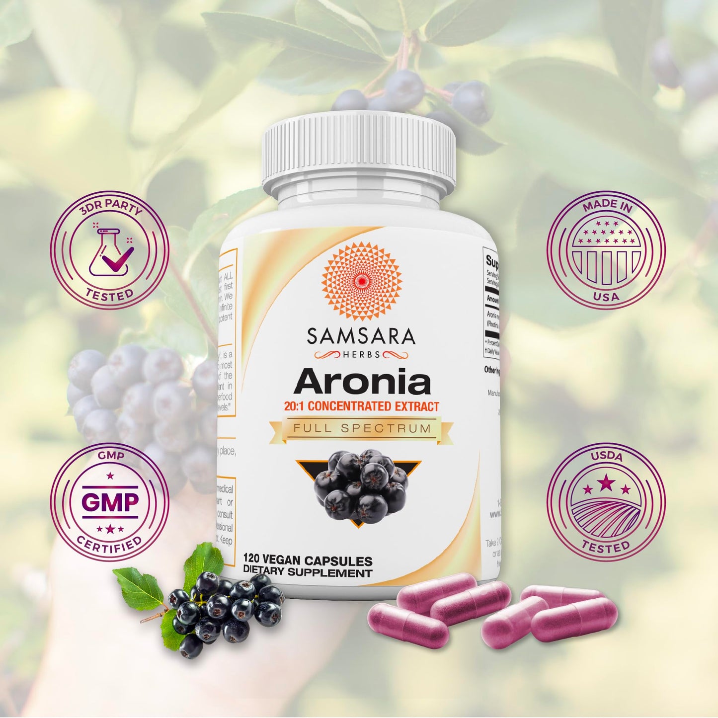 Samsara Herbs Aronia Berry 20:1 Extract | 120x500mg Capsules | Antioxidant & High ORAC