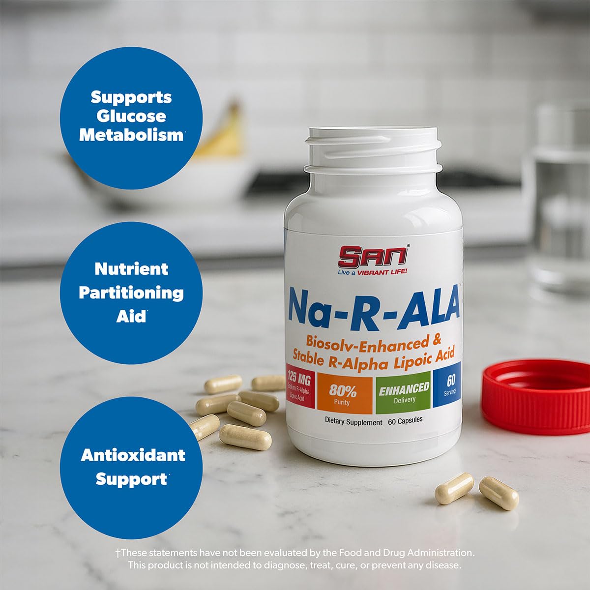SAN’s Na-R-ALA - Stabilized R-Alpha Lipoic Acid 125mg per Serving [High Potency & Increased Absorption], 60 Capsules