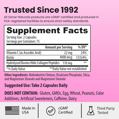 Sanar Naturals Collagen Pills with Biotin and Vitamin C - 150 Capsules