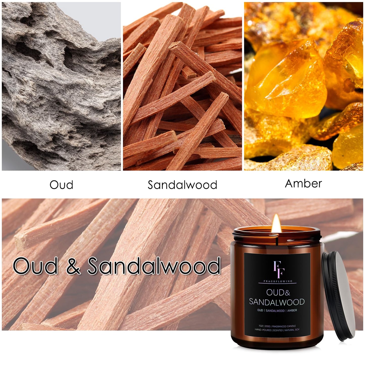 Sandalwood Oud Scented Candle - 7oz Soy Wax, Aromatherapy Gift