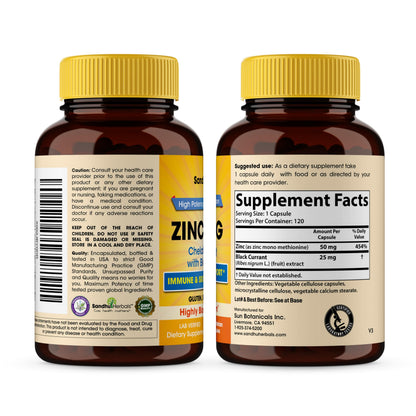 Zinc Supplements for Men and Women – Zinc 50mg with Black Currant | 120 Vegetarian Capsules | Immune Support & Skin Health