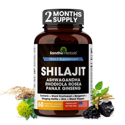 SANDHUHERBALS Shilajit Capsules for Men & Women | Himalayan Shilajit with Ashwagandha | High Potency Energy & Wellness | 2 Months Supply + Sea Moss Combo