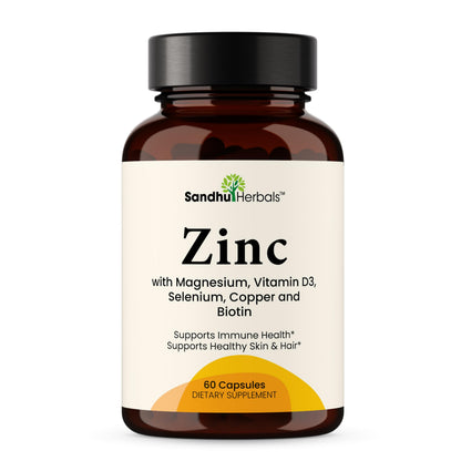 Sandhu Herbals Zinc 30mg with Vitamin D3, Magnesium & More | 60 Capsules | Immune, Skin, Hair & Nails Support