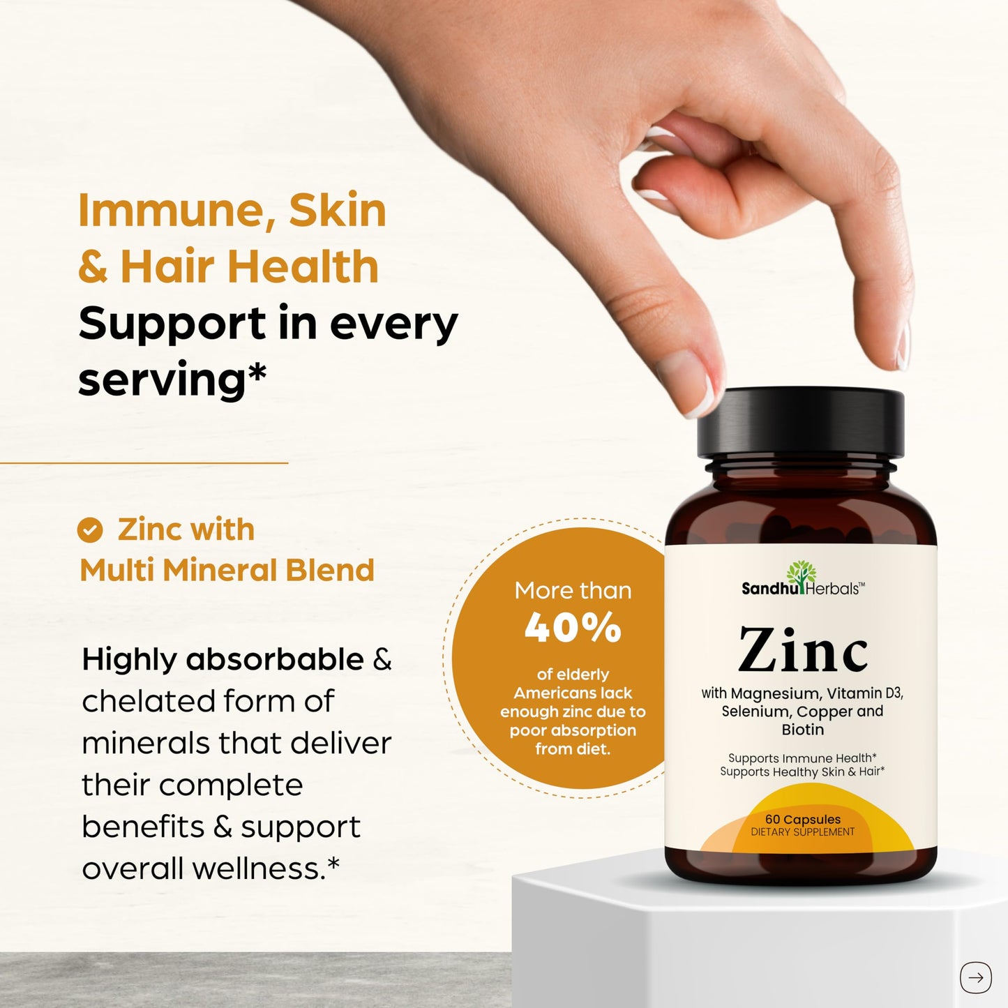 Sandhu Herbals Zinc 30mg with Vitamin D3, Magnesium & More | 60 Capsules | Immune, Skin, Hair & Nails Support