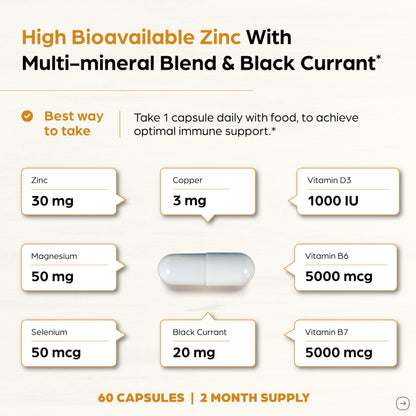 Sandhu Herbals Zinc 30mg with Vitamin D3, Magnesium & More | 60 Capsules | Immune, Skin, Hair & Nails Support