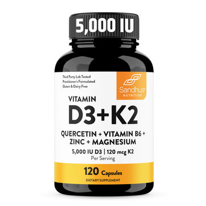 Sandhu's Vitamin D3 K2 Magnesium 5000 IU - 120 Capsule Pack | D3K2 for Energy, Immunity & Bone Health