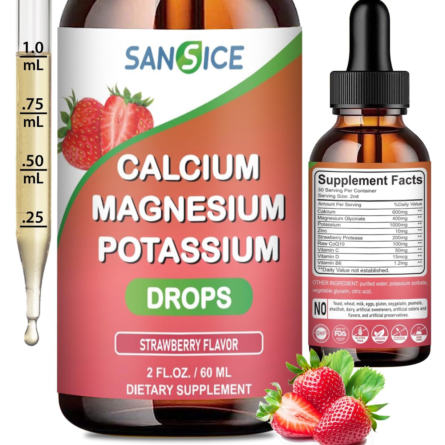 SANSICE Calcium Magnesium Potassium Liquid Supplement – Strawberry, 60ml, High Absorption, Vegan & Non-GMO