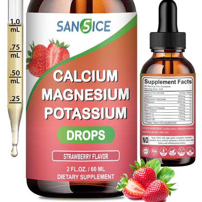 SANSICE Calcium Magnesium Potassium Liquid Supplement – Strawberry, 60ml, High Absorption, Vegan & Non-GMO