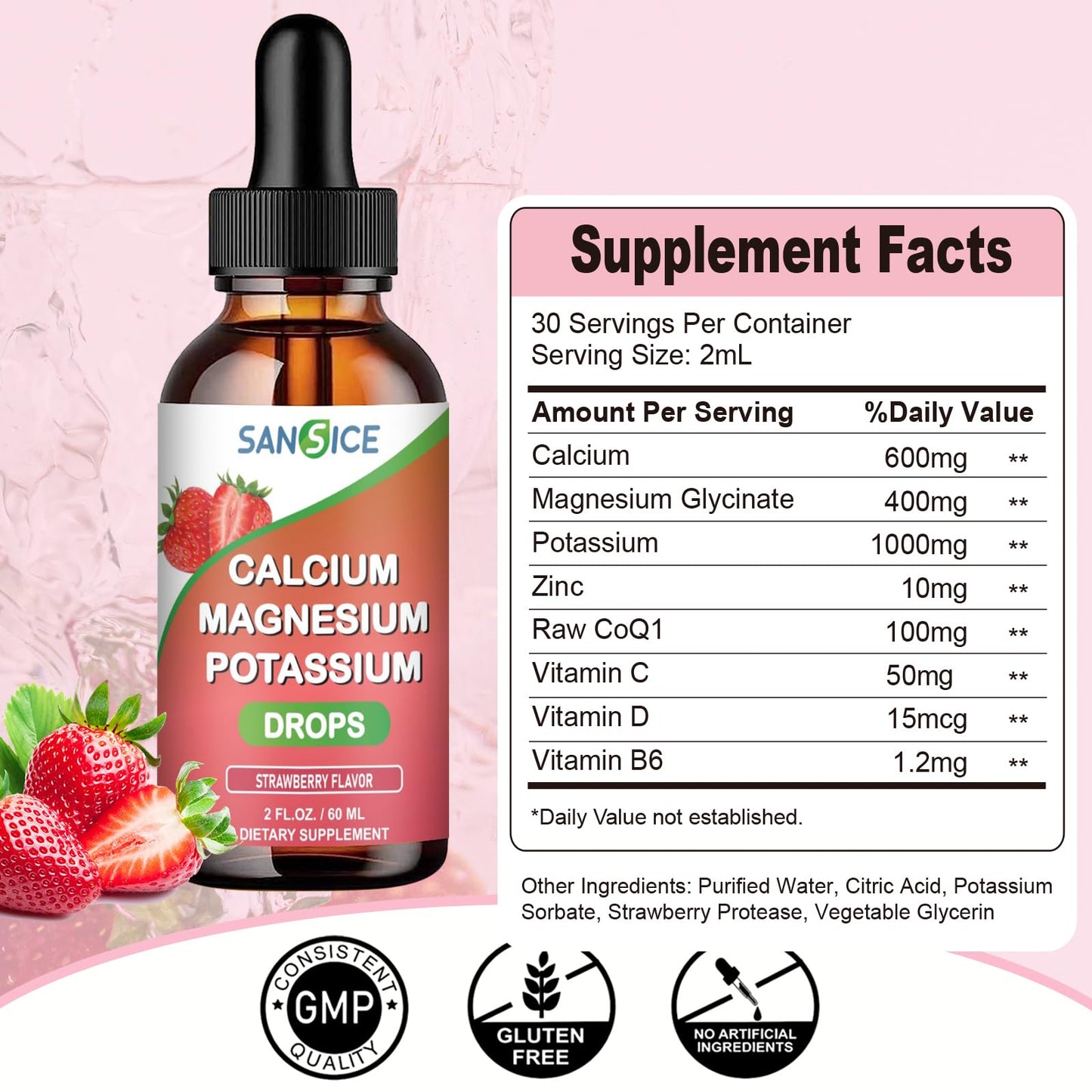 SANSICE Calcium Magnesium Potassium Liquid Supplement – Strawberry, 60ml, High Absorption, Vegan & Non-GMO
