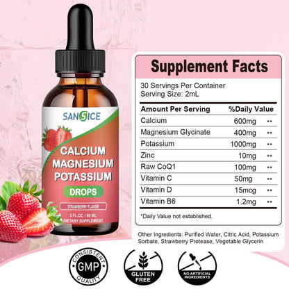 SANSICE Calcium Magnesium Potassium Liquid Supplement – Strawberry, 60ml, High Absorption, Vegan & Non-GMO