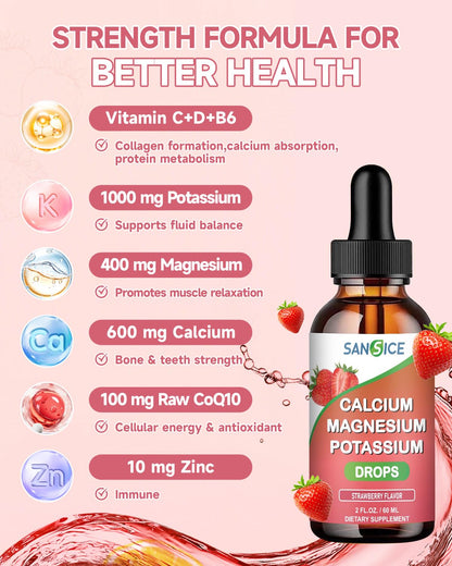 SANSICE Calcium Magnesium Potassium Liquid Supplement – Strawberry, 60ml, High Absorption, Vegan & Non-GMO
