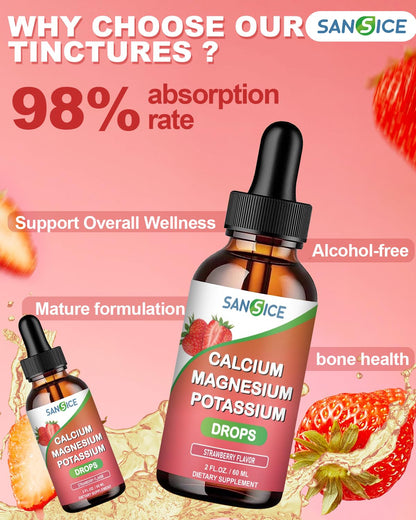 SANSICE Calcium Magnesium Potassium Liquid Supplement – Strawberry, 60ml, High Absorption, Vegan & Non-GMO