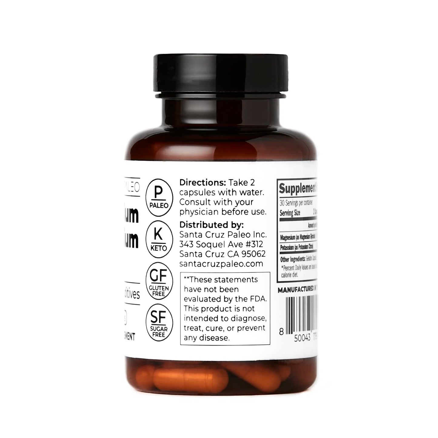 Santa Cruz Paleo Magnesium + Potassium Caps | Magnesium Glycinate 166 mg + Potassium Citrate 38 mg | Paleo, Keto, Gluten Free, Sugar Free | American Made | 60 Caps
