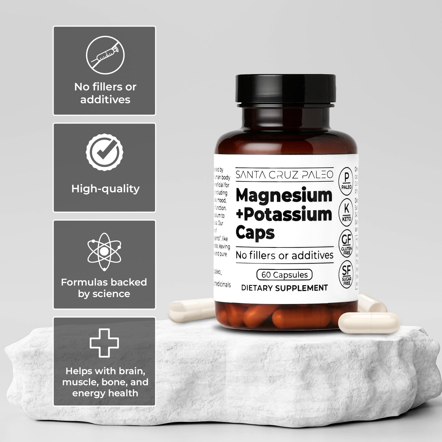 Santa Cruz Paleo Magnesium + Potassium Caps | Magnesium Glycinate 166 mg + Potassium Citrate 38 mg | Paleo, Keto, Gluten Free, Sugar Free | American Made | 60 Caps