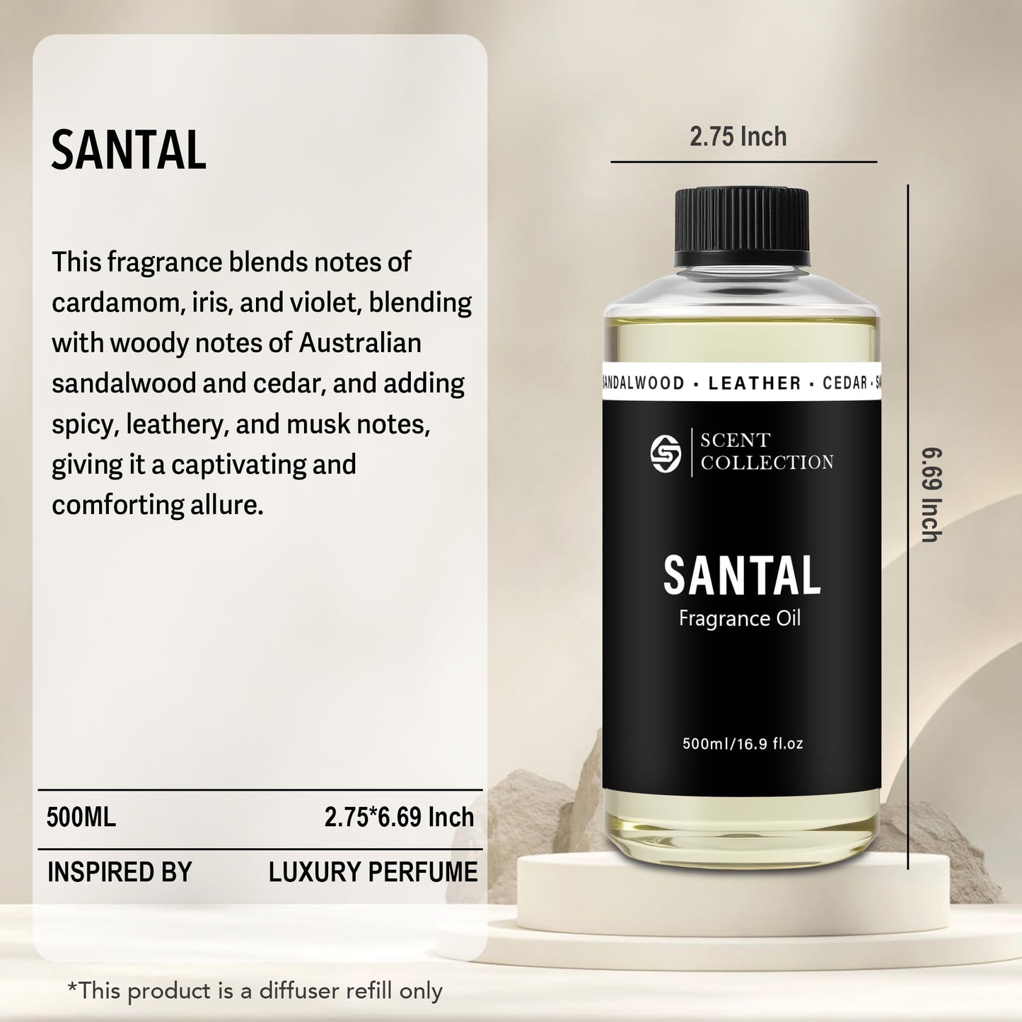Luxury Hotel Santal Diffuser Oil – Waterless, Non-Toxic 500ml/16.9oz Refill for Large Rooms | Car & Home Aromatherapy