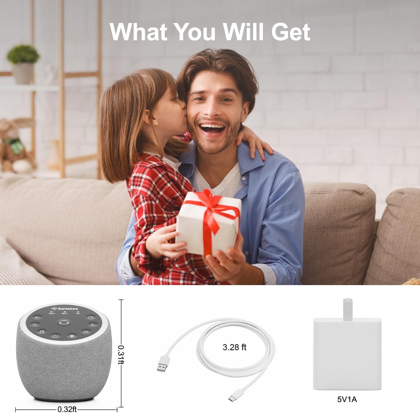 Santebee White Noise Sound Machine — 361 Sounds, App Control, Dimmable Clock