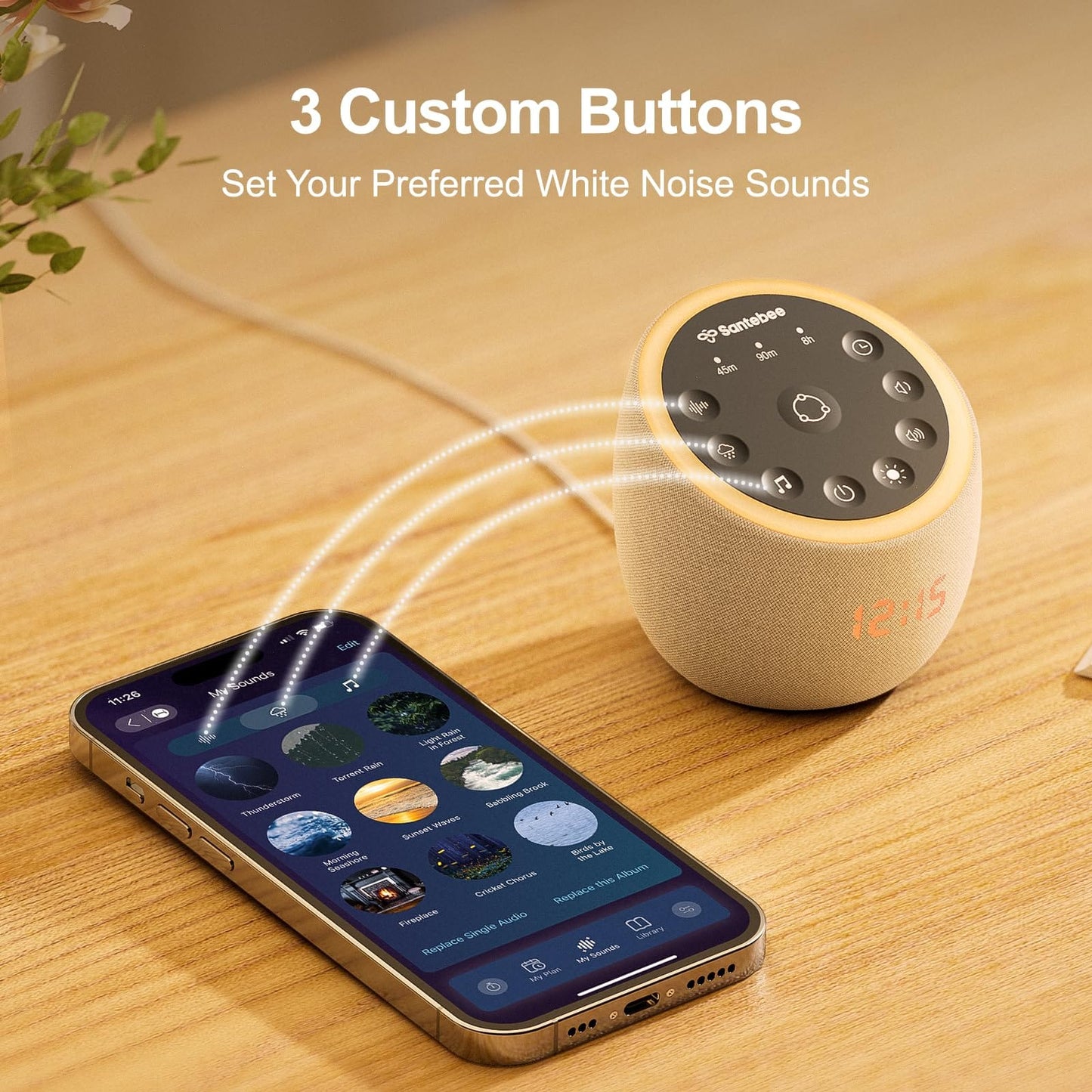 Santebee White Noise Sound Machine — 361 Sounds, App Control, Dimmable Clock