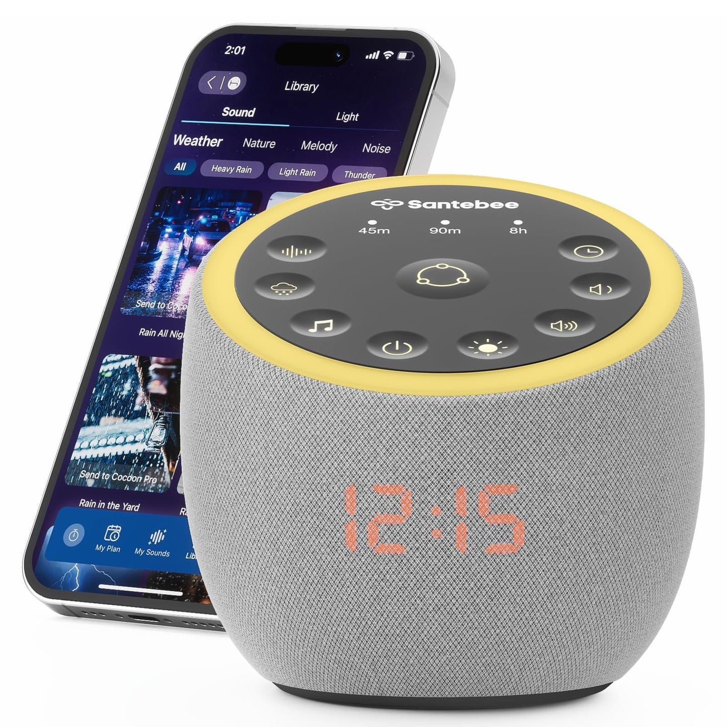 Santebee White Noise Sound Machine — 361 Sounds, App Control, Dimmable Clock