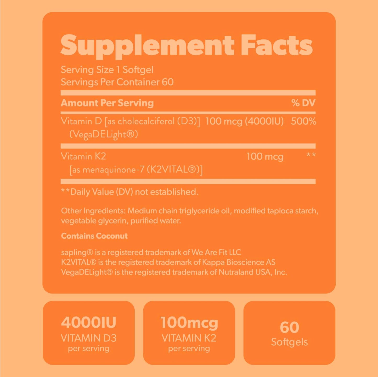 Sapling Vegan D3 + K2 with MCT Oil - 4000 IU D3, 100 mcg K2 Mk7 | 60 Softgels