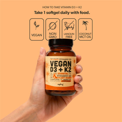 Sapling Vegan D3 + K2 with MCT Oil - 4000 IU D3, 100 mcg K2 Mk7 | 60 Softgels