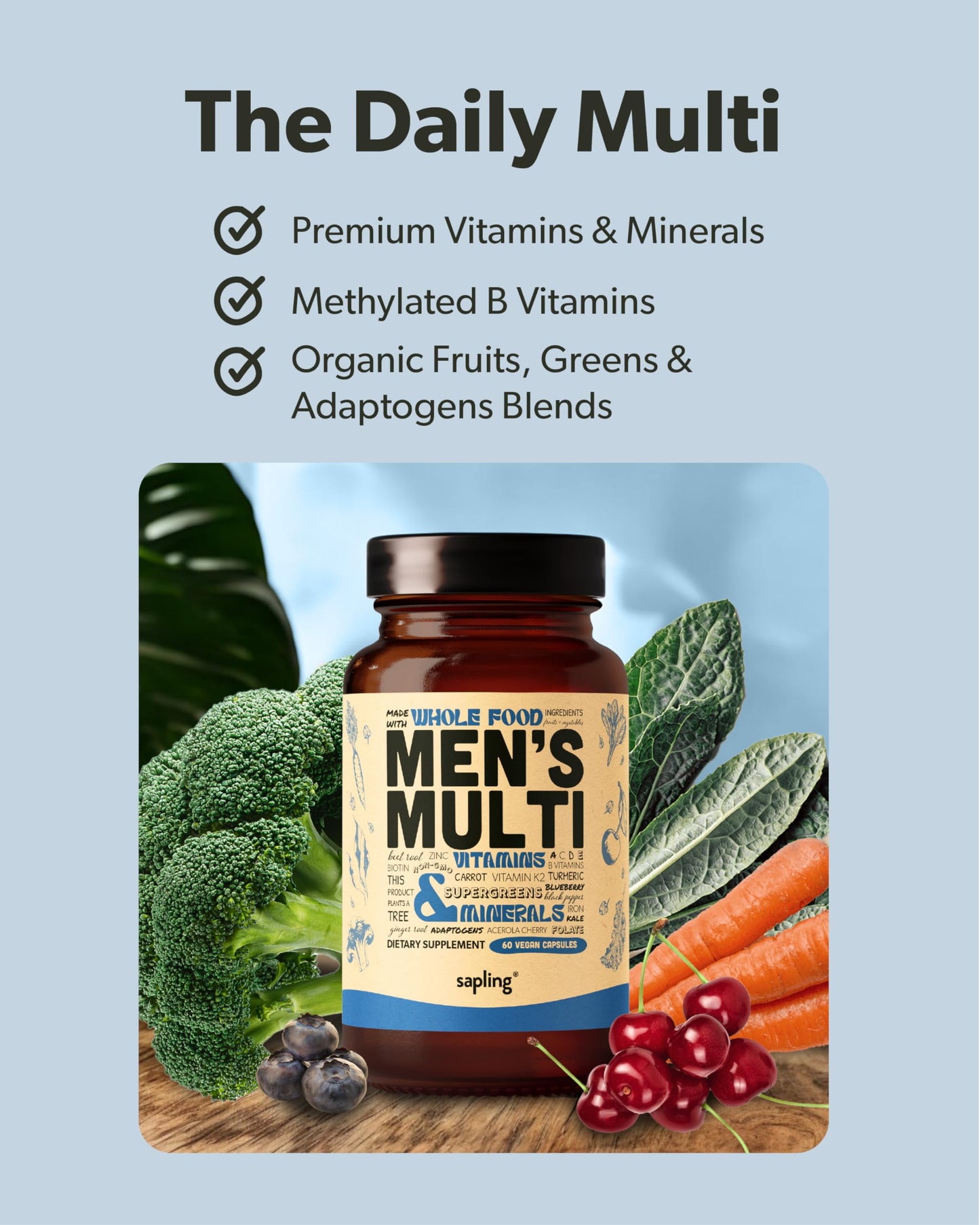 Multivitamin for Men | Daily Methylated B Complex, Whole Food Ingredients | Vegan & Non-GMO | 60 Caps
