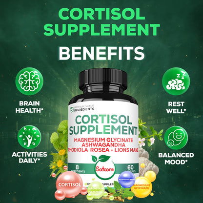 Satoomi 8in1 Cortisol Manager with Magnesium Glycinate, Ashwagandha, Rhodiola Rosea, Lions Mane & More – Cortisol Reducer Supplement Men & Women – 60 Capsules
