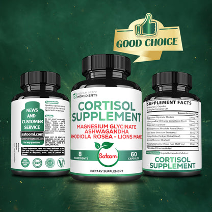 Satoomi 8in1 Cortisol Manager with Magnesium Glycinate, Ashwagandha, Rhodiola Rosea, Lions Mane & More – Cortisol Reducer Supplement Men & Women – 60 Capsules