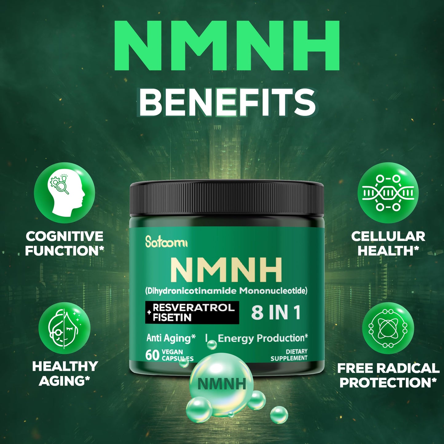 Satoomi 8in1 NMNH - NMN Supplement Alternative - NAD Supplement to Support NAD Levels Added Fisetin, Resveratrol, Quercetin, Turmeric, Berberine, Vitamin D3 & C - 60 Count for 30 Days