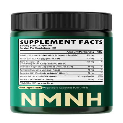 Satoomi 8in1 NMNH - NMN Supplement Alternative - NAD Supplement to Support NAD Levels Added Fisetin, Resveratrol, Quercetin, Turmeric, Berberine, Vitamin D3 & C - 60 Count for 30 Days