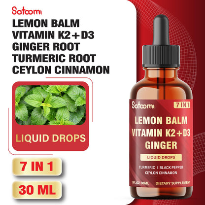 Satoomi 7in1 Lemon Balm Tincture with D3, K2, Ginger, Turmeric, Cinnamon & Black Pepper – 1 fl oz, 60 Day Supply