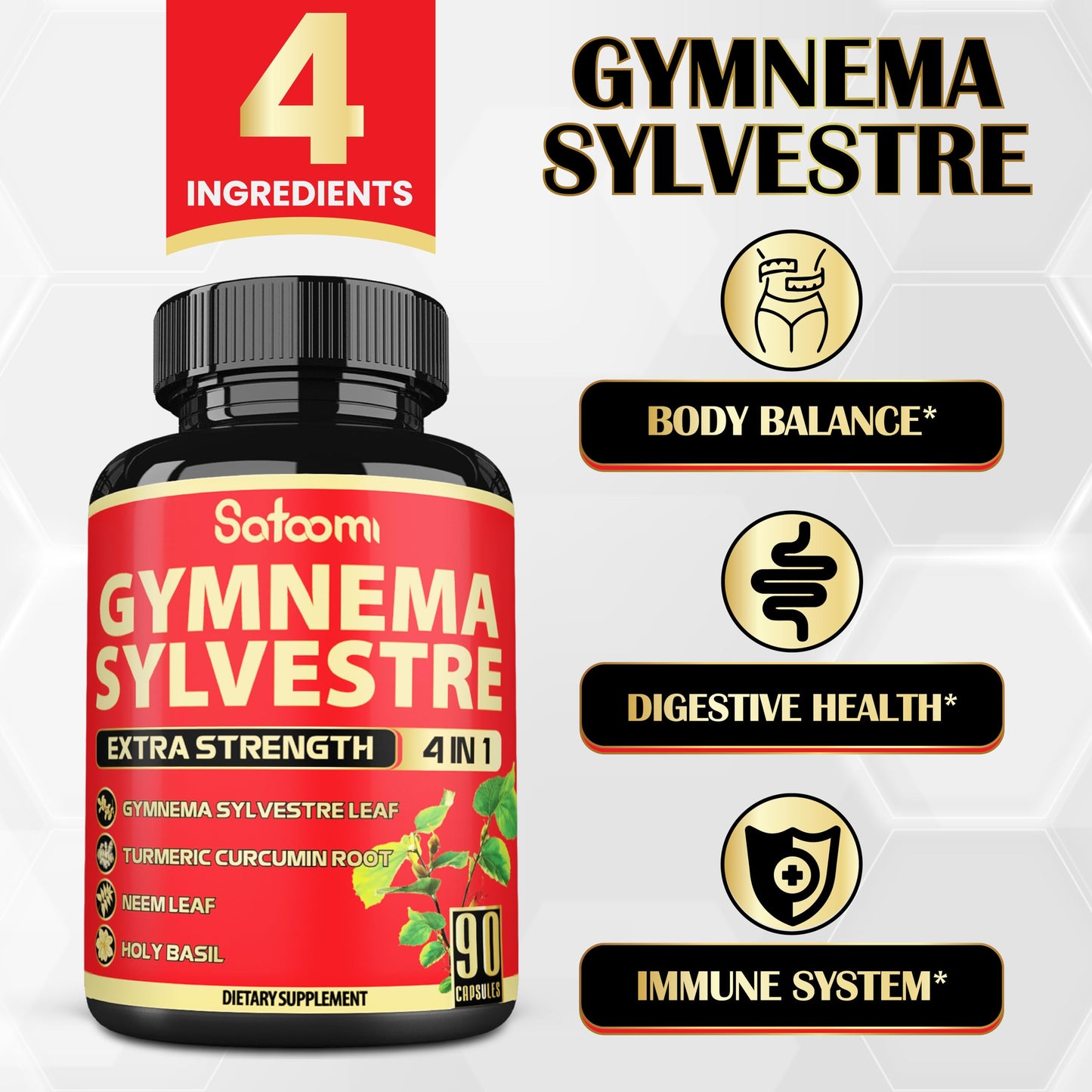Satoomi Pure Gymnema Sylvestre Capsules – 90 Count, 3-Month Supply with Neem, Holy Basil & Turmeric