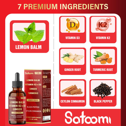 Satoomi 7in1 Lemon Balm Tincture with D3, K2, Ginger, Turmeric, Cinnamon & Black Pepper – 1 fl oz, 60 Day Supply