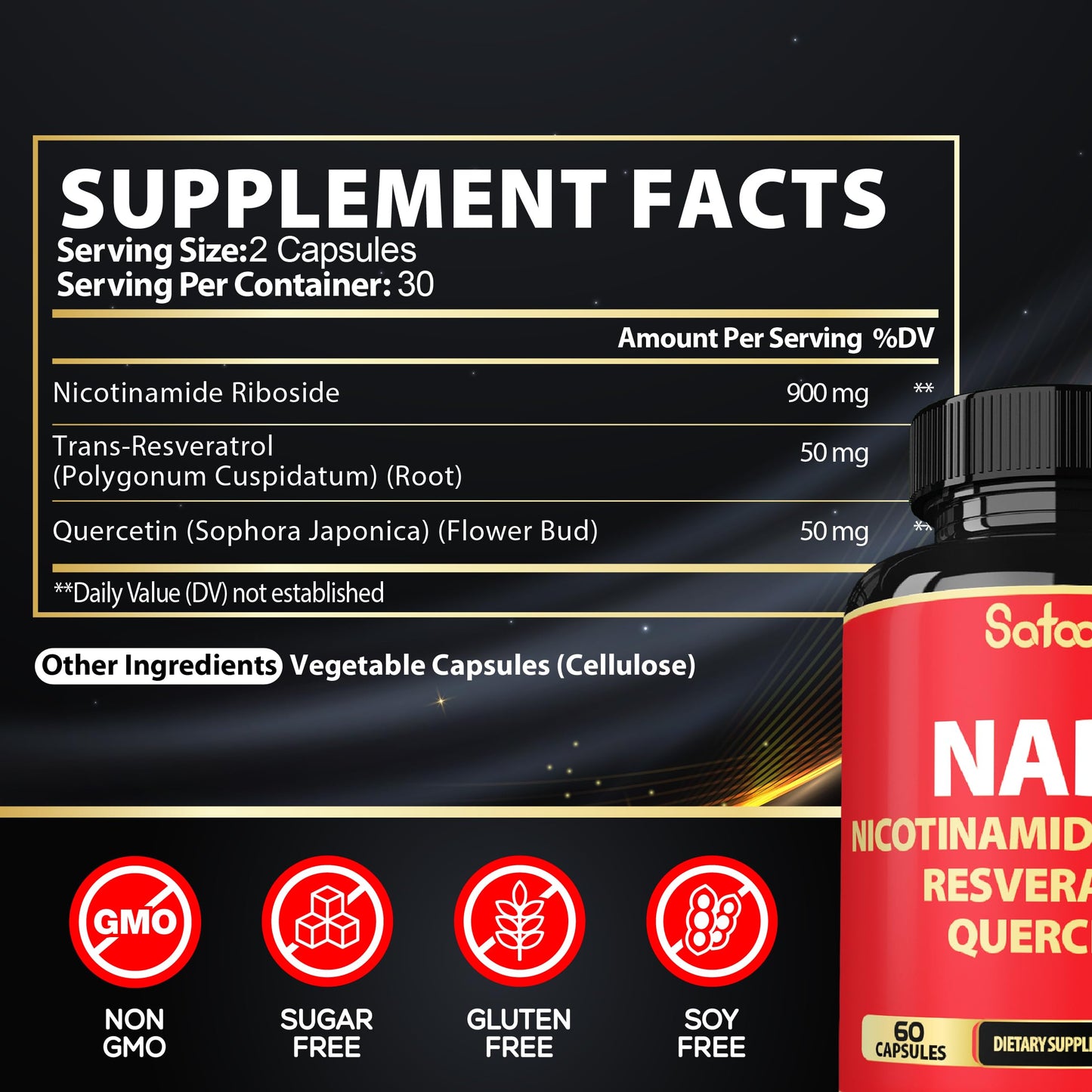 Satoomi NAD Supplement with Nicotinamide Riboside NR, Resveratrol, Quercetin - 60 Count - 30 Days